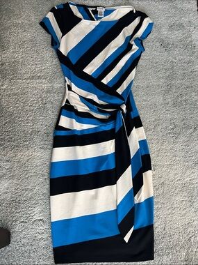 Cache Blue Black and White Striped Midi Sheath Dress